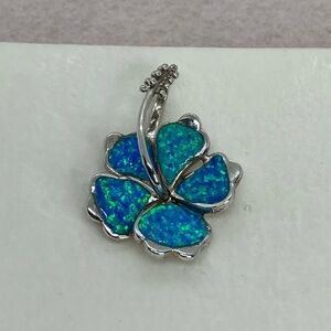 925 Sterling Silver Synthetic Blue Fire Opal Hibiscus Flower Pendant